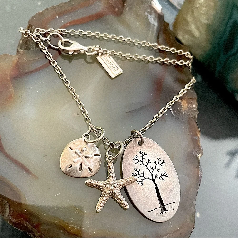 Vintage Baroni Sterling Silver Multi Starfish Coral Tree Ocean Charms Necklace - Picture 6 of 6